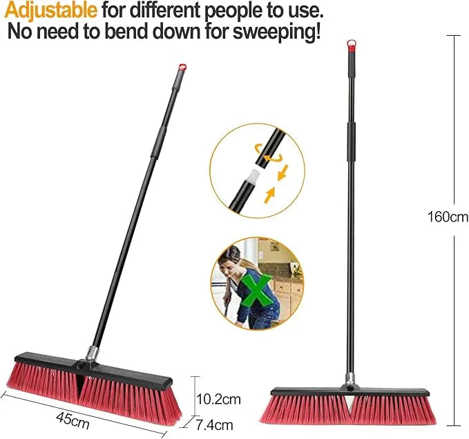 18 inches Push Broom Outdoor Garden Broom with 63" Long Handle for Deck Driveway Garage Yard Patio Concrete Floor Cleaning(Red) - NeatNest