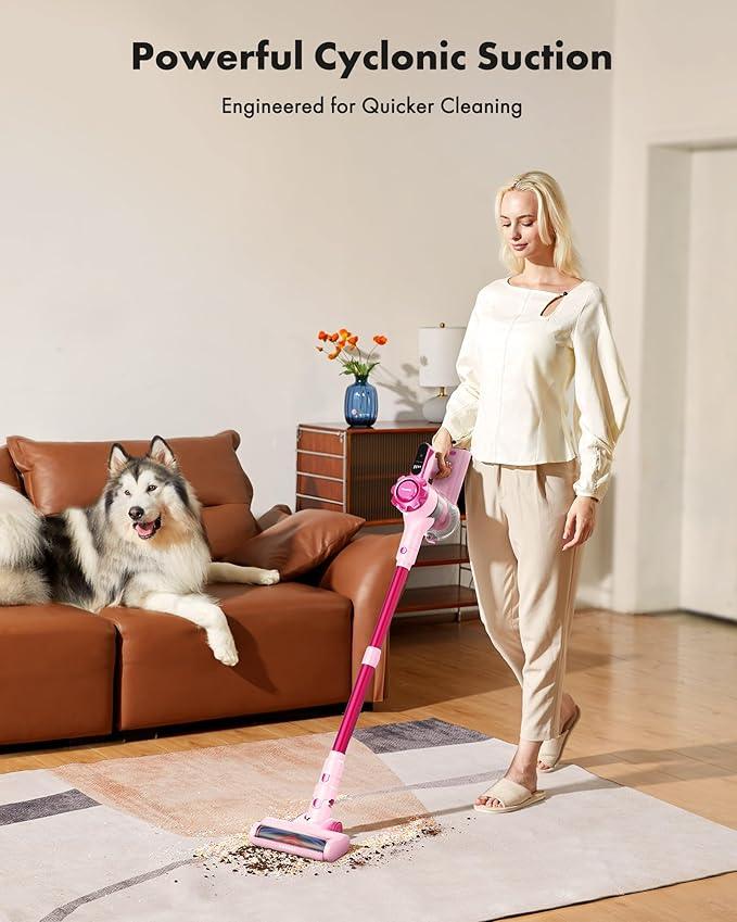 Trucozie Cordless Vacuum Cleaner, 8-in-1 Lightweight Stick Vacuum with 45mins Runtime, Powerful Suction, Rechargeable Cordless Vacuum for Carpet, Tile, Pet Hair, Hardwood Floors, Pink - NeatNest