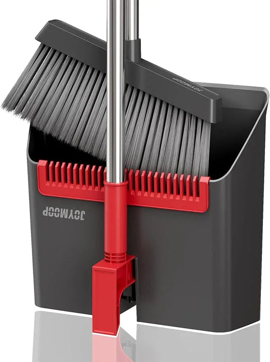 JOYMOOP Black and Red Broom and Dustpan Set, Upright Angle Design with Built-in Comb Teeth for Home, Office, Hard Floors - NeatNest