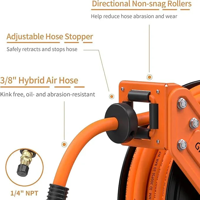 Giraffe Tools TA15BPLUS Retractable Air Hose Reel with Swivel Bracket 3/8" x 50 ft Hybrid Hose, Ceiling/Wall Mounted Heavy Duty Industrial Air Compressor Hose Reel, 300PSI, 50ft - NeatNest