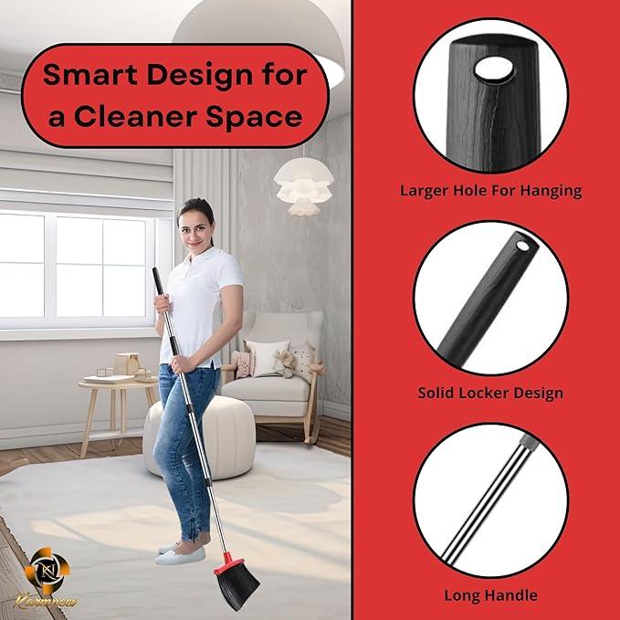 Standing Broom and Dustpan Set, Built-in Scraper Teeth, No-Slip Grip, Dust Collection Tray for Home, Office, Lobby, and Outdoor, Adjustable Handle from 38.18" to 52" (Black and Red) - NeatNest