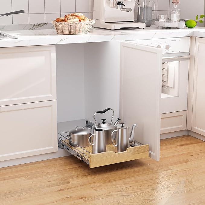 Pull Out Cabinet Organizer,Heavy-Duty Slide Out Shelf, Wood And Wire Basket, Pull Out Drawer for for Kitchen Under Sink Space, Pantry, Bathroom (17 * 21 WM) - NeatNest