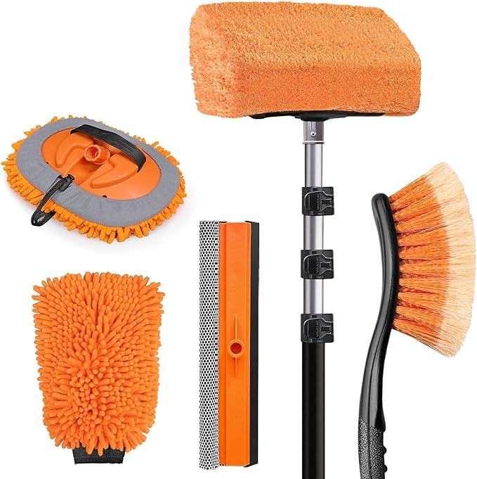 ARTIPOLY 20ft Reach Car Wash Brush with Long Handle-Car Cleaning Kit with 4-12FT Extension Pole, Ultimate RV,Truck Wash Set with Soft Brush, Tire Brush, Window Squeegee, Mitt, Microfiber Cleaning Mop - NeatNest