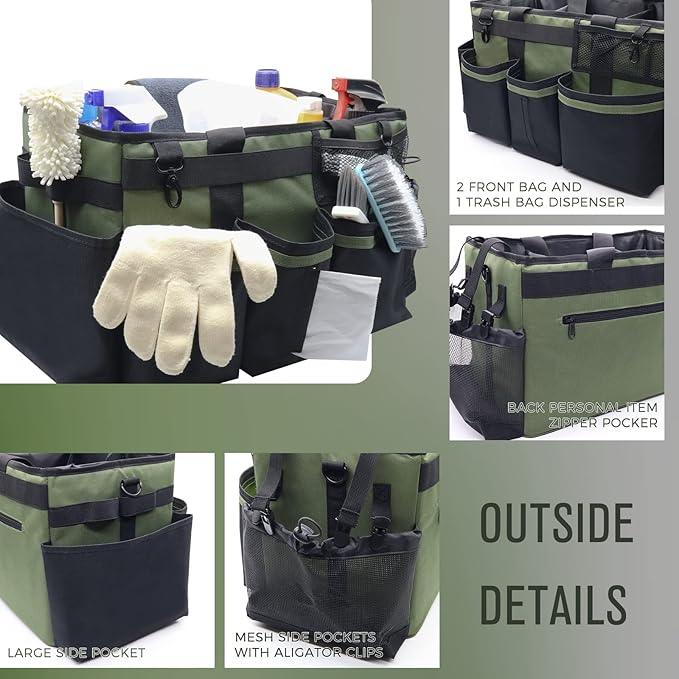 Wearable Cleaning Caddy Organizer with Handle & Shoulder Straps for Housekeepers, Under Sink & Car Cleaning Tool Organizer Bag with 4 Foldable Dividers (Green) - NeatNest