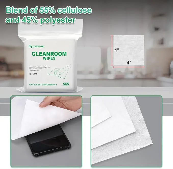Cleanroom Wipes 4"x4" (1200 Pcs, Cellulose/Polyester Blend, Grade B, 56GSM) Lint Free Wipes for Laboratory, Electronics, Pharmaceutical,Printing,Automotives and Semiconductor Industries - NeatNest