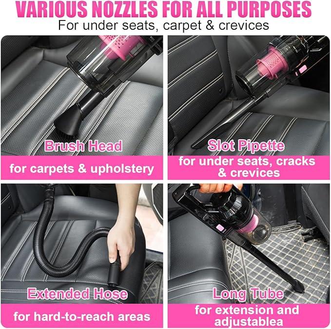 Viewsun Car Vacuum Cordless Rechargeable, 8000PA High Power Handheld Vacuum Cleaner with 17PCS Car Cleaning Kit, Pink Auto Accessories for Women Gift - NeatNest