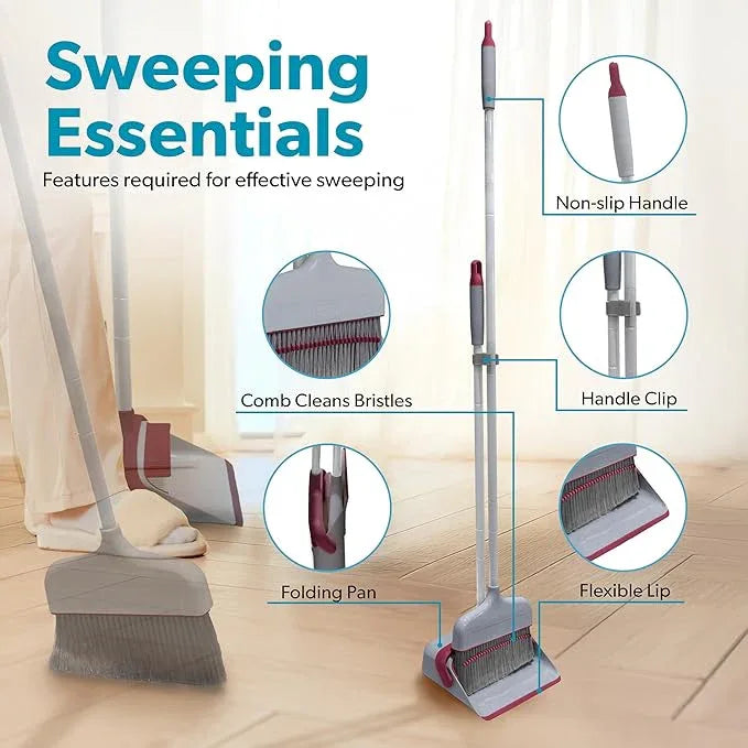 BLACK+DECKER Butler Broom & Dustpan Set - Stand-Up Design - Lightweight, Space-Saving Combo for Kitchen, Living Room, Bathroom, Lobby Floors - Home Cleaning Essential, Light Gray/Burgundy - NeatNest