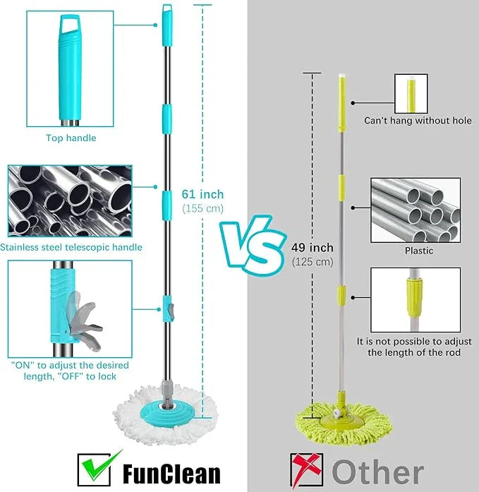 FunClean Spin Mop and Bucket,Mop and Bucket with Wringer Set for Home,360 Spinning Mopping Floor Cleaning Tool with 4 Microfiber Replacement Head Refills,61" Extended Handle, 2X Wheel - Blue - NeatNest