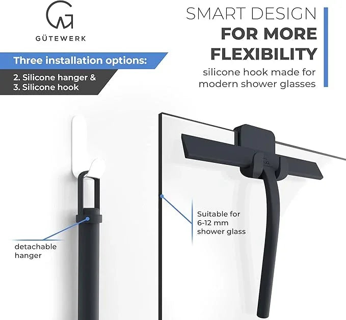 GÜTEWERK Shower Squeegee for Glass Doors, Silicone Window Squeegee, Bathroom and Glass Cleaning - Black - 9 Inch - NeatNest