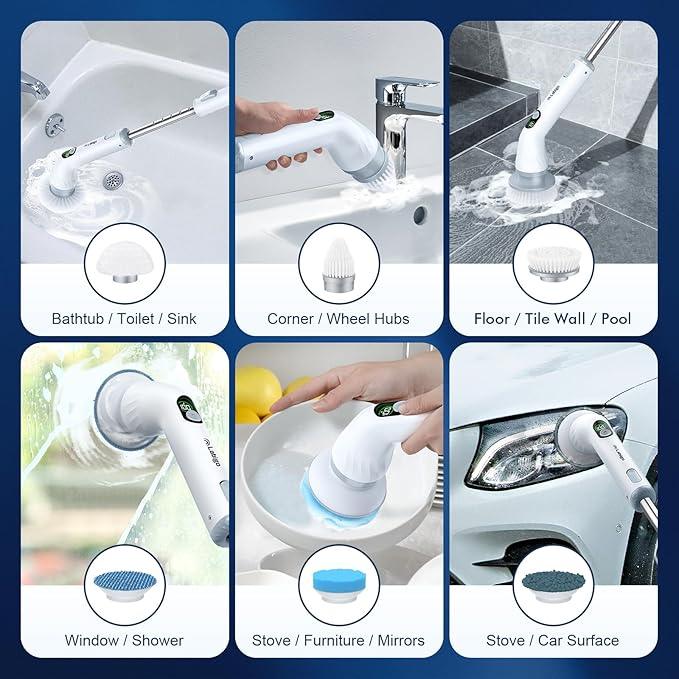 LABIGO Electric Spin Scrubber LA4 Pro, Dual Speed Bathroom Scrubber with Display & 6 Replacement Cleaning Heads, Cordless Power Scrubber with Adjustable & Detachable Handle for Bathroom Floor Tile - NeatNest