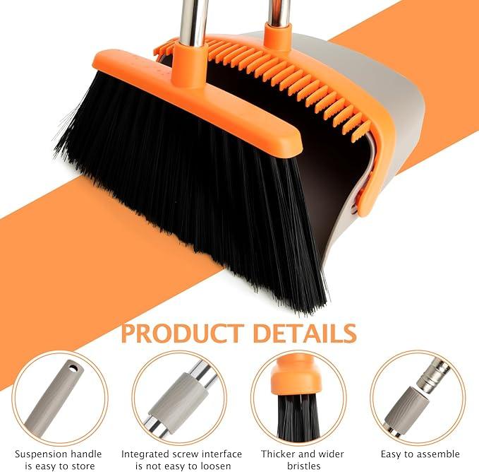 2-Pack Broom and Dustpan Set with Long Handle, Heavy Dust Broom and Dustpan Combo for Home，Kitchen, Office, Pet Hair(Gray Orange) - NeatNest