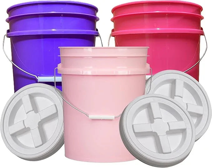 House Naturals 5 Gallon Food Grade, BPA Free, Made in USA, Plastic Bucket, 3 Colors, (Pack of 3) (5G-Pink-Magenta-Purple HN White lids) - NeatNest