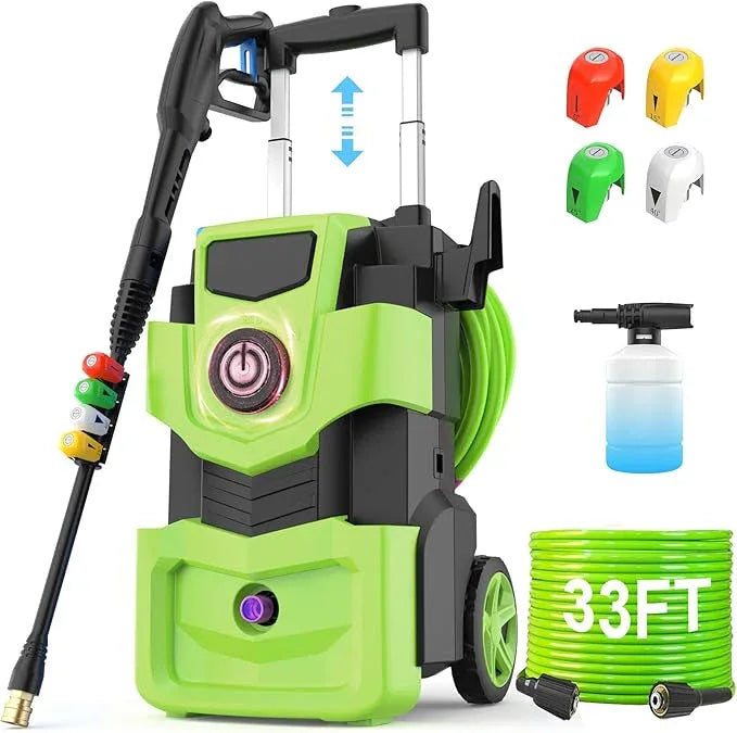 Adjustable Pressure Cleaner with 33FT Flexible Extension Hose + 34FT Power Cord, 4 Nozzles, Foam Cannon, Best Power Cleaner for Cars, Patios, Driveways, Green - NeatNest