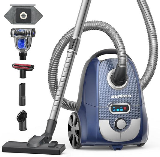 Aspiron Canister Vacuum, 1600W/35KPA Canister Vacuum Cleaner, 4QT Dust Bag, H13 HEPA Filter, 5 Tools, Pet-Friendly,Variable Power Control,for Carpets, Hardwood Floors, Stairs, Pet Hair, Household - NeatNest