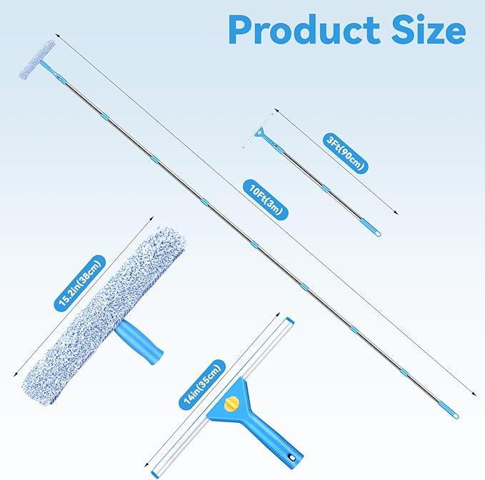 10ft Squeegee for Window Cleaning, Window Washing Kit with Extension Pole, Window Squeegee for Home, Window Cleaning Kit with 2 Brush Covers, Window Cleaner Tool for Indoor Outdoor High Windows Glass - NeatNest