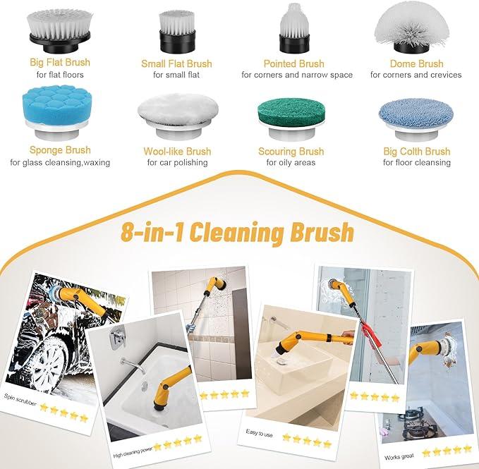 Qimedo Upgrade 1200 RPM Battery Electric Spin Scrubber, Highly Powerful Cordless Cleaning Brush with Smart Display, Electric Tile Floor Scrubber with 8 Brushes, Battery Powered Shower Scrubber - NeatNest