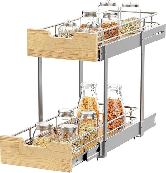 Pull Out Cabinet Organizer,Heavy-Duty Slide Out Shelf, Wood and Wire Basket, Pull Out Drawer for for Kitchen Under Sink Space, Pantry, Bathroom, 2 Tie 9 * 21 in - NeatNest