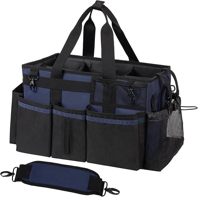 Wearable Cleaning Caddy, Cleaning Caddy Supplies Organizer with Handle & Shoulder Straps for Housekeepers, Under Sink & Car Cleaning Tool Organizers Bag with 4 Foldable Divider (NavyBlue) - NeatNest
