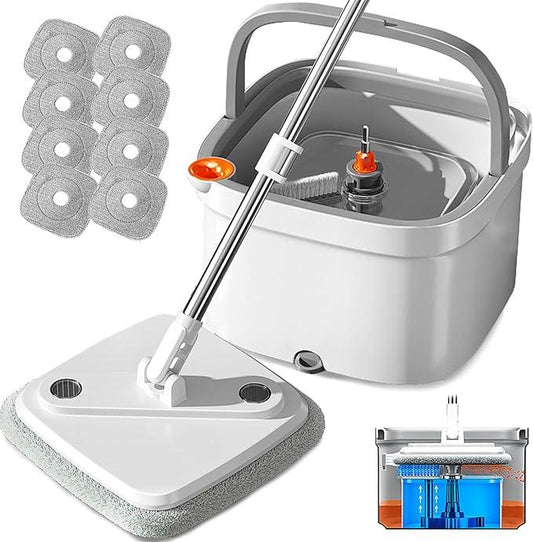 KZKR Spin Mop and Bucket Set with Self Separation Dirty and Clean Water System, Self Wringing 360° Rotating Square Mop Head for Home Floors Cleaning (1.0 Mop and Bucket Set (8 Pads)) - NeatNest