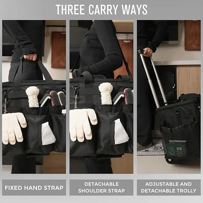 Rolling Cleaning Caddy Bag with Detachable Trolley, Large Cleaning Supplies Organizer with Wheels, Multi Pocket Cleaning Cart with Adjustable Shoulder Strap for Housekeepers & Home Use, Black - NeatNest