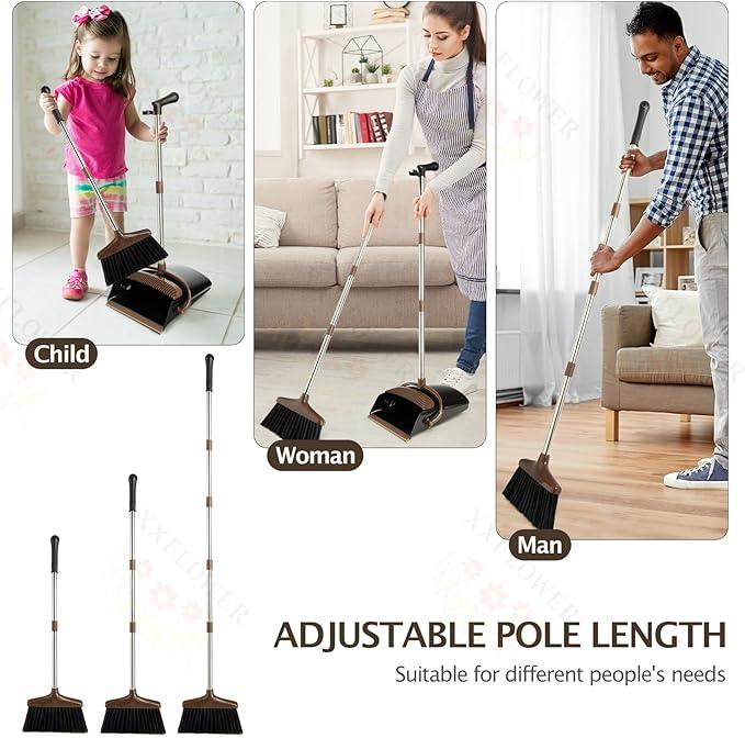 Broom and Dustpan Set with Long Handle, Light Weight Stainless Steel Poles Stand Upright Dustpans with Broom Combo for Home Kitchen Office Pet Dog Hair, 1-Pack (Black Brown) - NeatNest