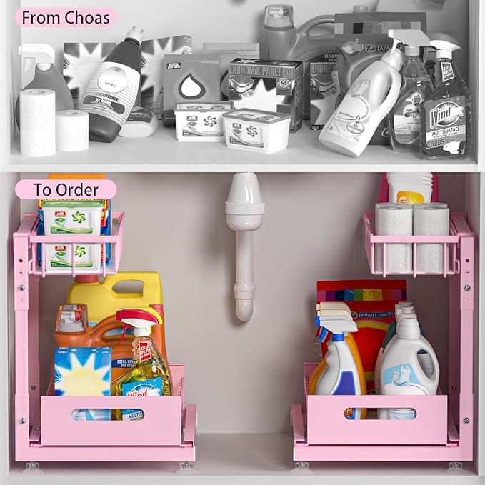 2 Pack Pro Under Sink Organizer Storage: Premium Metal 2-Tier Pull-Out Wire Basket Organizer, L Shape Height Adjustable, Easy Installation | Kitchen & Bathroom Cabinet Organizers - NeatNest