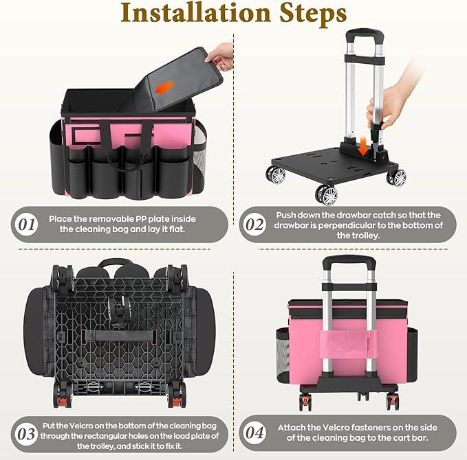Cleaning Caddy with Wheels - Rolling Cleaning Caddy Bag with Detachable Trolley, Cleaning Caddy for Cleaning Supplies, Cleaning Bag for Housekeeping, Pink - NeatNest