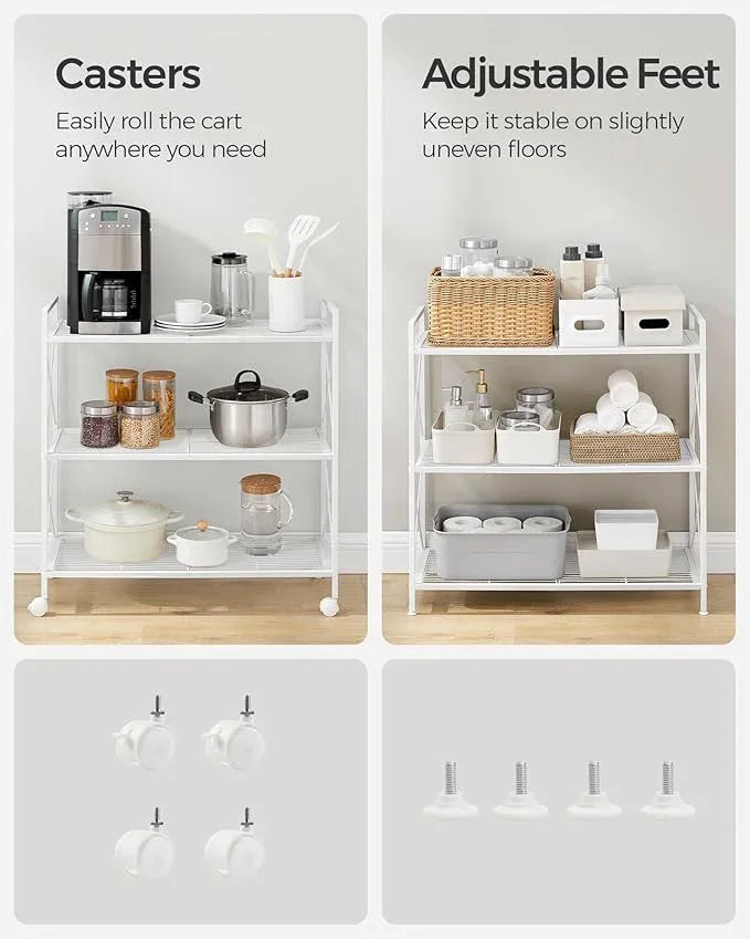 SONGMICS 3-Tier Metal Storage Rack with Wheels, Mesh Shelving Unit with X Side Frames, 31.5-Inch Width, for Entryway, Kitchen, Living Room, Bathroom, Industrial Style, White UBSC183W01 - NeatNest