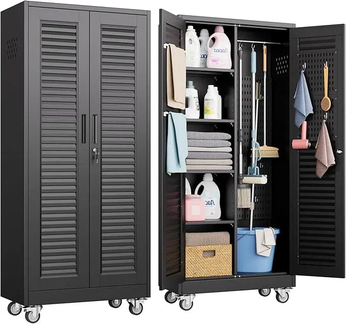 SUXXAN Broom Closet with Wheels 71"x 31.5"x15.75", Metal Cleaning Cabinets with Louvered Doors Hooks and Hanging Rods, Lockable Cabinet with Pegboard, Adjustable Shelf,for Garage, Laundry Room - NeatNest