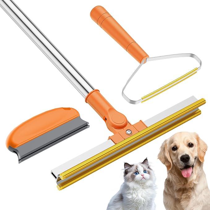 3 in 1 Carpet Rake for Pet Hair Removal, Tool Set of 3, 55” Long Handle Carpet Pet Hair Removal Carpet Scraper Dog Cat Hair Remover for Sofa, Couch, Car, Rug (Orange) - NeatNest