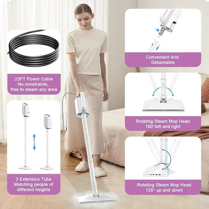 7-in-1 Steam Mop, 1200W Rotated Steam Cleaner for Home, 2 Modes, 400ML Removable Tank, 23FT Power Cord, 2 Pads, Multi-Surface Steamer for Hard Floor, Laminate Floor, Tiles Cleaning (Snow White) - NeatNest