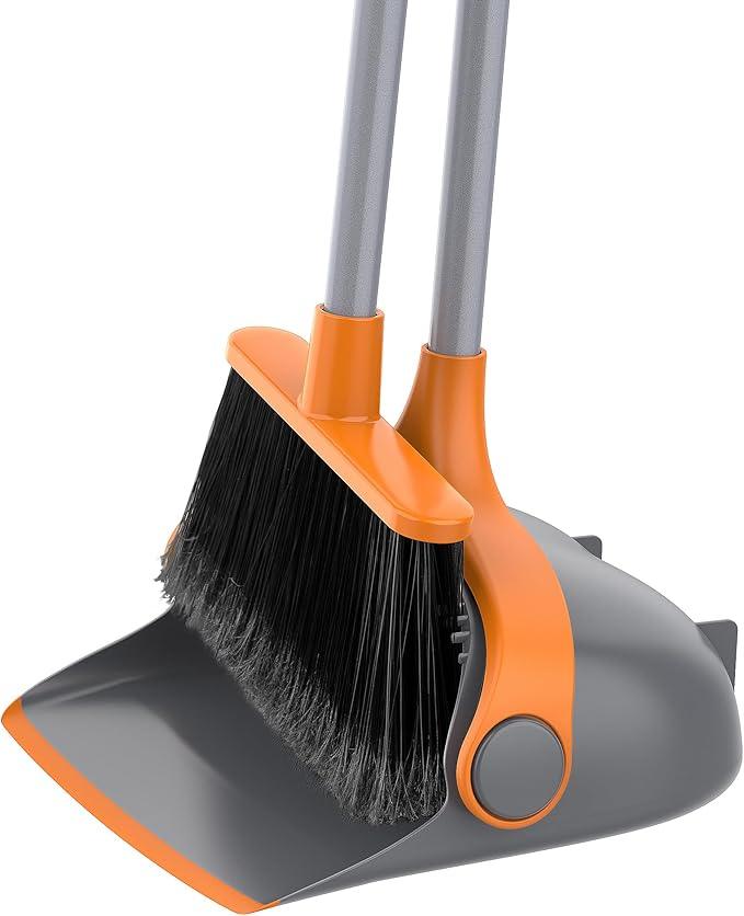 MR.SIGA Broom and Dustpan Set with Long Handle, Stand Upright Broom with Dustpan Combo for Cleaning Office, Garage, Lobby, Lightweight Sweeping Set, 51.7"(131 cm) Long Handle, Gray & Orange - NeatNest