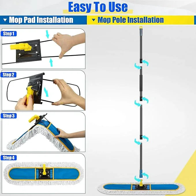 24" Commercial Dust Mop for Floor Cleaning, Heavy Duty Large Industrial Floor Duster with 2 Cotton Mops Pads, Wet Dry Mops for Hardwood Floors,Concrete,Marble,Laminate,Tile,Garage,Blue - NeatNest