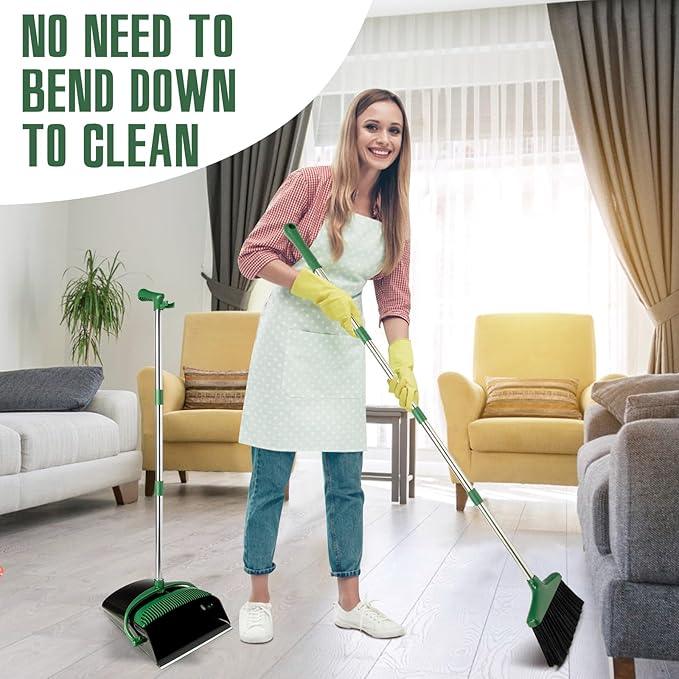 Broom and Dustpan Set with Long Handle, Light Weight Stainless Steel Poles Stand Upright Dustpans with Broom Combo for Home Kitchen Office Pet Dog Hair, 1-Pack(Black Green) - NeatNest