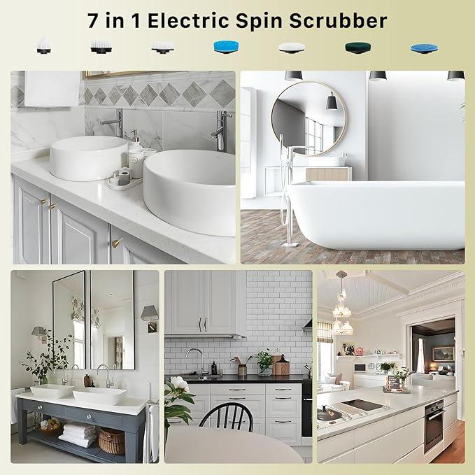 Electric Spin Scrubber, Hillyfe Bath Scrubber for Cleaning with 7 Replaceable Brush Heads, IPX7 Waterproof,300/400 RPM, 3 Adjustable Size,Cordless Shower Cleaner Brush for Bathroom Floor,Beige - NeatNest