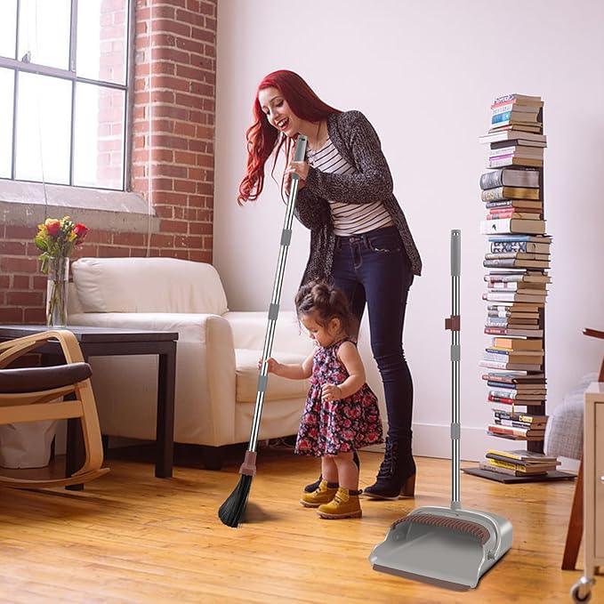 kelamayi Upgrade Broom and Dustpan Set, Self-Cleaning with Dustpan Teeth, Ideal for Dog Cat Pets Home Use, Super Long Handle Upright Stand Up Broom and Dustpan Set (Brown) - NeatNest
