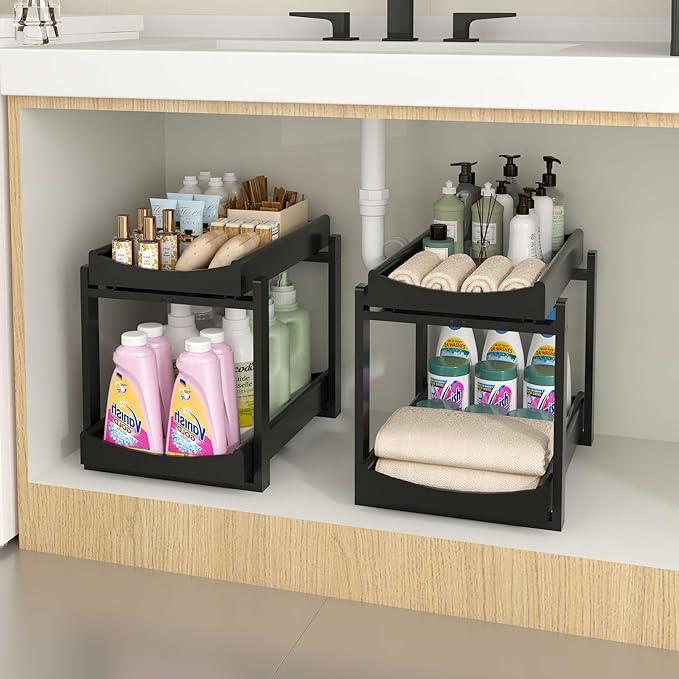 Bamboo Under Sink Organizer and Storage, 2 Pack Pull Out Cabinet Organization, 2 Tier Vertical Slide Out Undersink Storage Shelf, Multi-Purpose Organizer Shelves for Kitchen Bathroom Medicine, Black - NeatNest