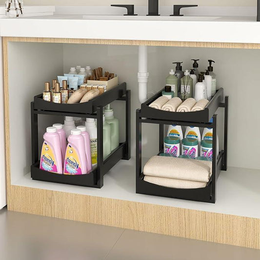 Bamboo Under Sink Organizer and Storage, 2 Pack Pull Out Cabinet Organization, 2 Tier Vertical Slide Out Undersink Storage Shelf, Multi-Purpose Organizer Shelves for Kitchen Bathroom Medicine, Black - NeatNest