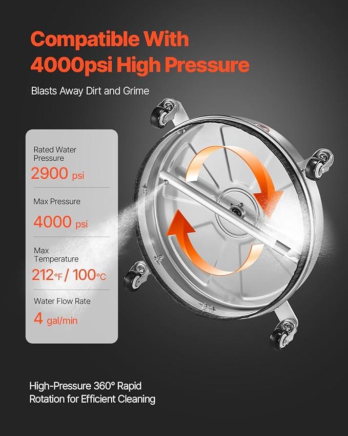 VEVOR 18" Pressure Washer Surface Cleaner, Stainless Steel Pressure Washer Attachments with 4 Wheels, 4000 Max PSI, 1/4 Quick Connector, 2 Spray Nozzles, 2 Extended Wands for Concrete, Patio, Deck - NeatNest