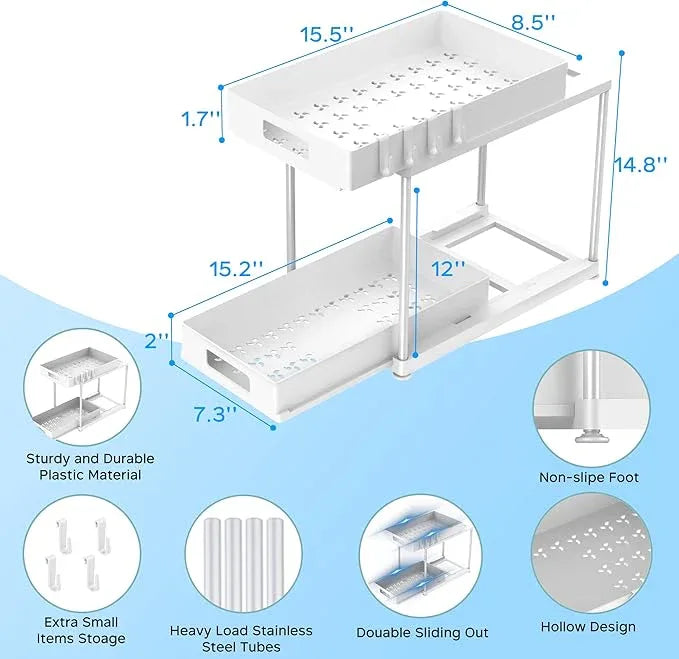 Under Sink Organizers and Storage, 2 Pack Large Capacity Heavy Load Double Pull-out Under Sink Shelves with Sliding Drawer for Kitchen and Bathroom, White - NeatNest