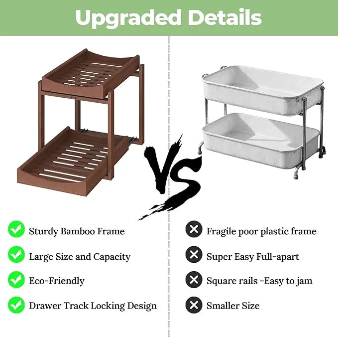 Bamboo Under Sink Organizer and Storage, 2 Pack Pull Out Cabinet Organization, 2 Tier Vertical Slide Out Undersink Storage Shelf, Multi-Purpose Organizer Shelves for Kitchen Bathroom Medicine, Brown - NeatNest