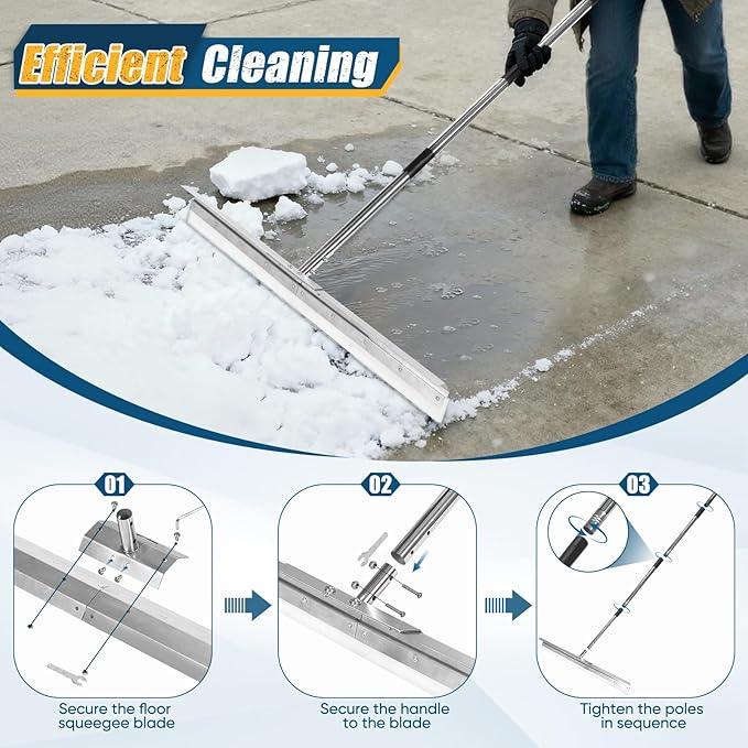 CAROD 33.4" Heavy Duty Floor Squeegee for Concrete, Industrial Silicone Blade Squeegee for Floor with 63" Stainless Handle, Anti-Splash Curved Baffle Design for Warehouse, Factory, Outdoor Use - NeatNest
