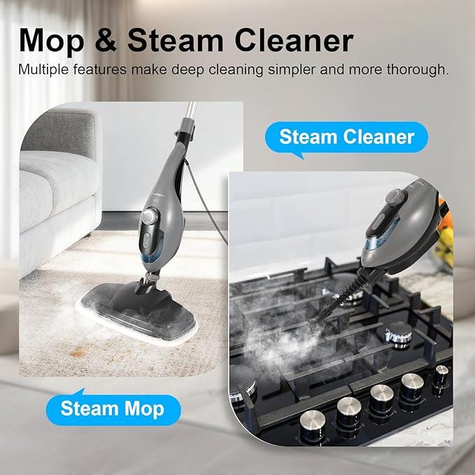 11-in-1 Steam Mop, 1550W Powerful Handheld Steam Cleaner, 260°F Multi-Functional Floor Steamer with 21.3FT Cord for Floors, Hardwood, Tiles, Grout, Windows, Kitchen, Bath, Adjustable (Grey) - NeatNest