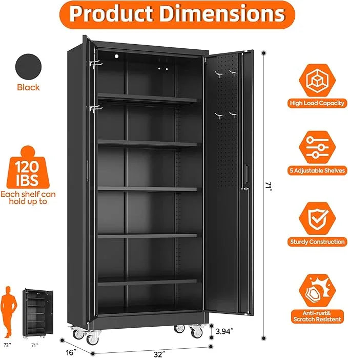SUXXAN Garage Storage Cabinet with Wheels Pegboard and 5 Adjustable Shelves, 71'' x 32'' x 16''Metal Lockable Cabinet with Magnetic Doors,Tool Storage,Home Office Garage,Gym,School (Black) - NeatNest