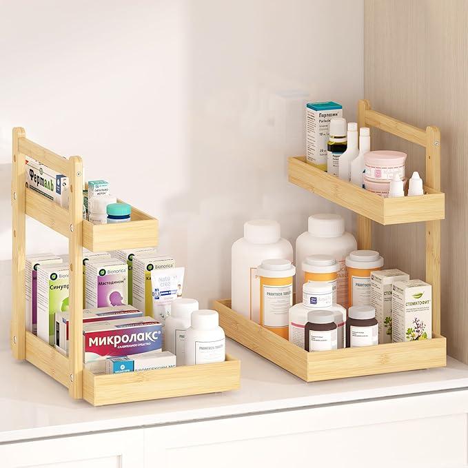 Under Sink Organizer - 2-Tier Pull Out Cabinet Organizer Vertical Slide Out Sink Shelf Storage Shelves for Multi-Purpose Bath Kitchen Bathroom Medicine (Nature, 2 Packs) - NeatNest