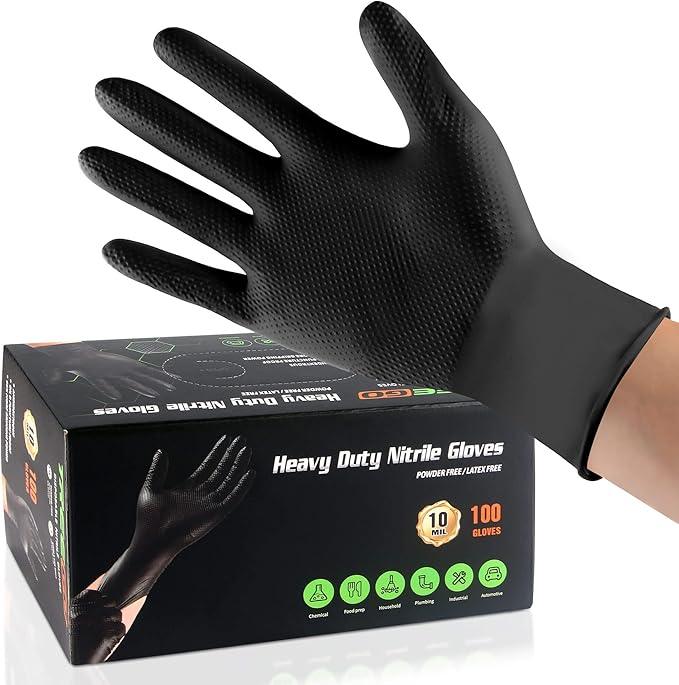 TREEGO 10 Mil Black Nitrile Gloves Heavy Duty — Raised Diamond Texture Grip, Latex Free Disposable Mechanic Work Gloves, Large, 100 Count - NeatNest
