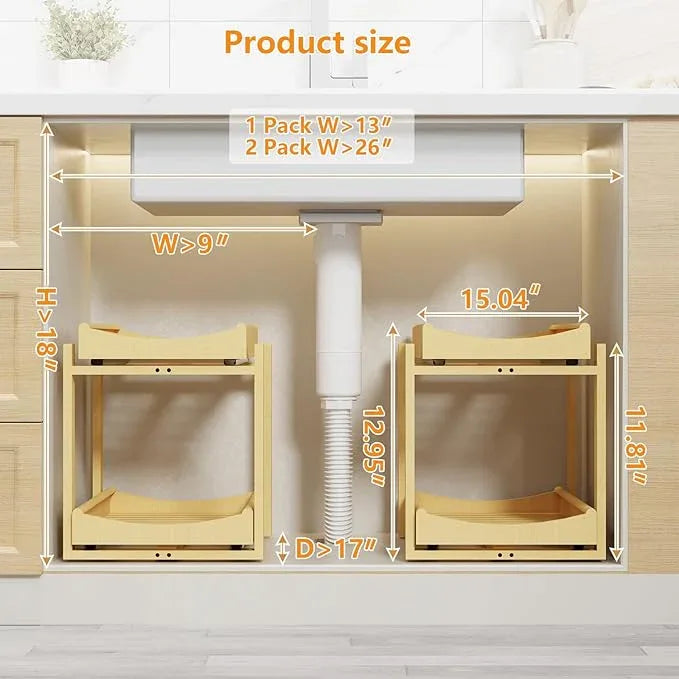 Bamboo Under Sink Organizer Adjustable Height 2 Tier Bathroom Organizer Pull Out Cabinet Storage Kitchen Heave Duty Wood Slide Ou Shelf for Kitchen Bathroom (Nature, 2 Packs) - NeatNest
