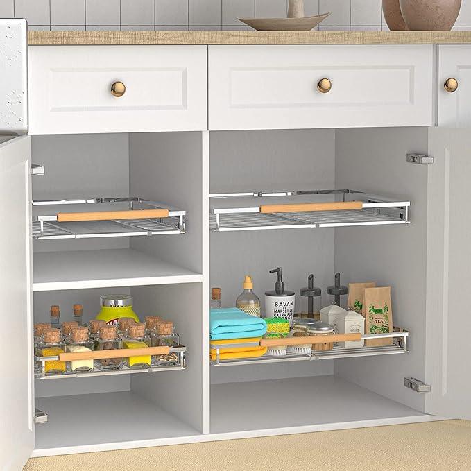 Expandable Sliding Basket, Pull-Out Cabinet Organizer, Heavy Duty Slide Out Pantry Shelves Sliding Drawer Storage for Kitchen, Under Sink, Wardrobe, 2 Pack Chrome 16.6''-27.8''W x 22''D - NeatNest