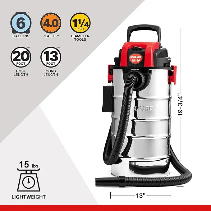 Shop-Vac 6 Gallon 4.0 Peak HP Wet/Dry Vacuum, Wall Mountable Compact Shop Vacuum with 20 ft Extra Long Hose & Accessories - Ideal for Jobsite, Garages, Car & Workshops - NeatNest