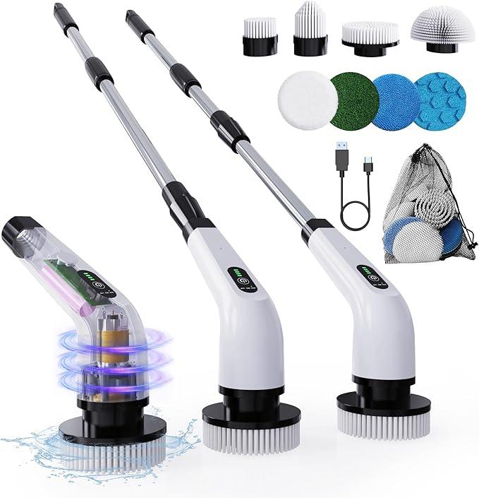 8 in 1 Electric Spin Scrubber for Cleaning Bathroom, 3000mAh Power Scrubber Cordless Cleaner with Long Handle, 3 Speeds Bathtub House Clean Brush Deep Cleaning for Tile, Shower, Wall, Floor - NeatNest